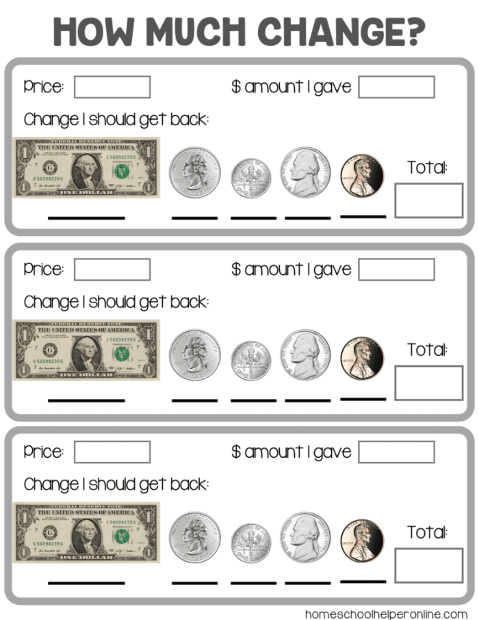Fun practice sheet for kids to learn about money and change through pretend play Worksheet for second graders on making change using stationery math activities