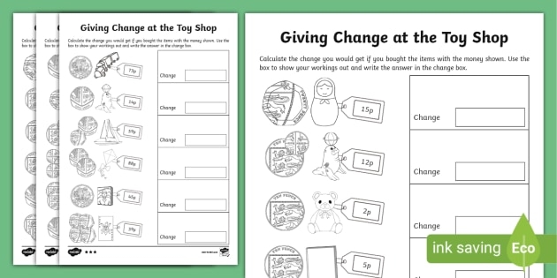 Second grade math worksheet featuring money word problems related to making change at a toy store