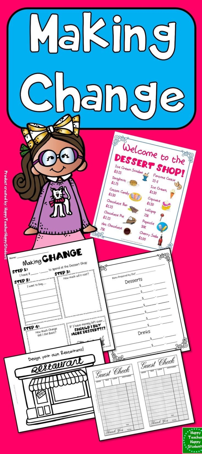 Second grade student worksheet featuring money word problems for calculating change at a toy store
