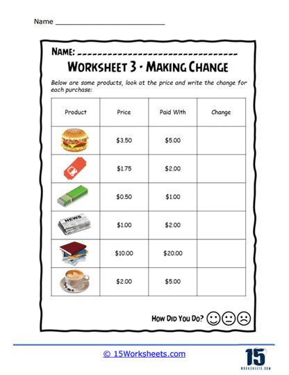 Making Change: Engaging Stationery Math worksheet for young learners Worksheet for teaching second graders about making change with pretend shopkeeper play