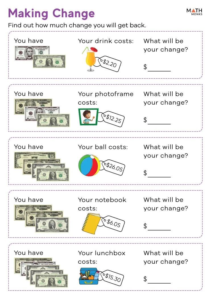Engaging Stationery Math worksheet for practicing money skills in a fun way Worksheet for teaching second graders about making change through pretend shopkeeper play