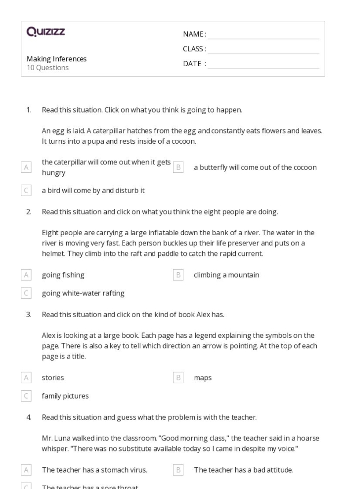 Fourth grade student practicing how to make inferences in a fictional text using worksheet number 15