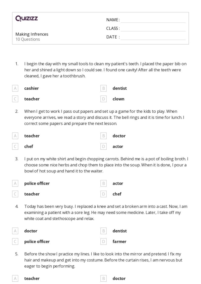 A fourth grade student completing a reading comprehension worksheet about making inferences in fiction with evidence boxes