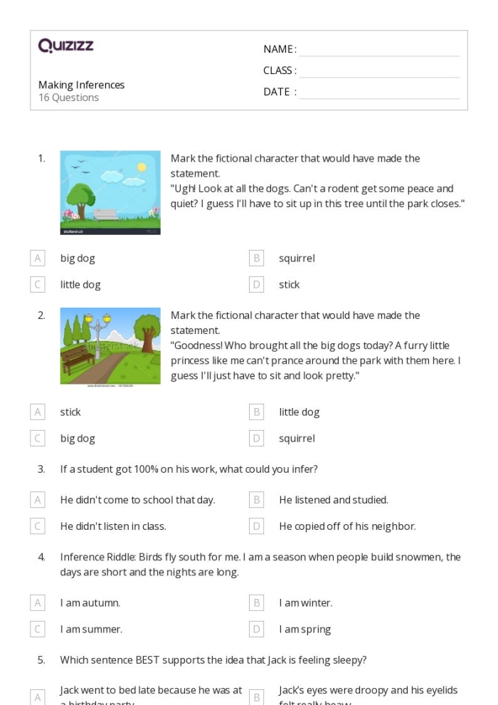 Fourth grade reading worksheet focused on making inferences in a fictional story with evidence