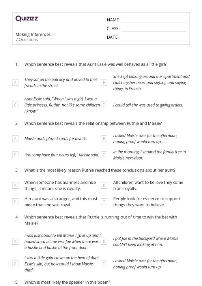 Sight Words worksheet for Fifth Grade Students engaged in a worksheet focused on making inferences in fiction reading. Making Inferences to Interpret Fiction Worksheet for Fifth Grade Students