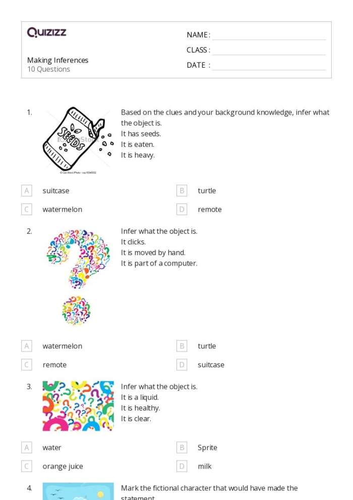 Making Inferences to Interpret Fiction Worksheet for Sight Words - Image 23 Worksheet for fifth graders on making inferences and interpreting fiction texts