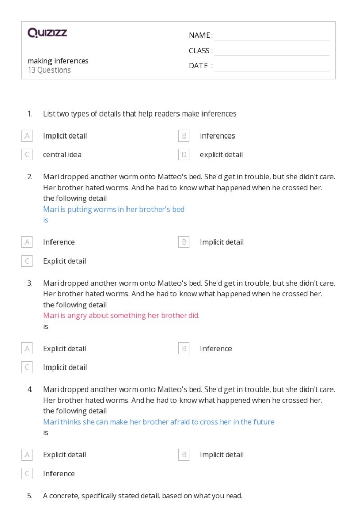Fourth grade reading worksheet focused on making inferences in a fictional story with evidence