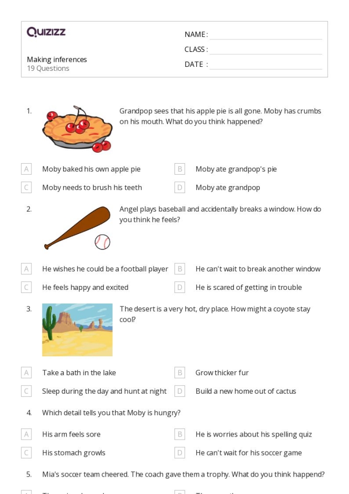 Fourth grade students completing a making inferences worksheet with fictional text passages and evidence support questions