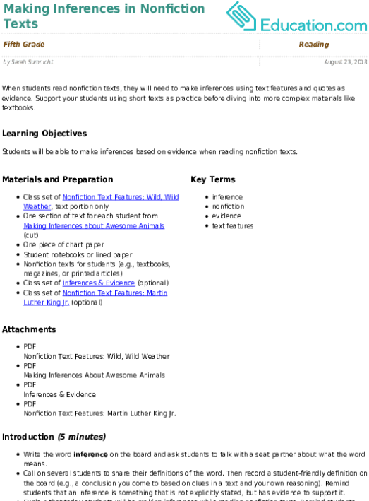 Fourth grade student completing a worksheet about making inferences while reading fun facts about animals