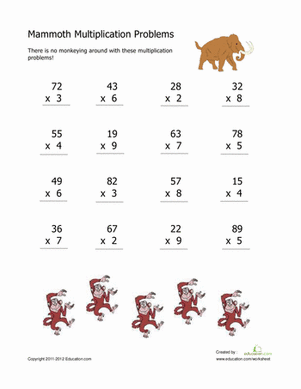 Mammoth Multiplication Practice Worksheet for Fourth Grade Math Grade 11 Fourth grade math worksheet featuring mammoth themed double digit by single digit multiplication problems
