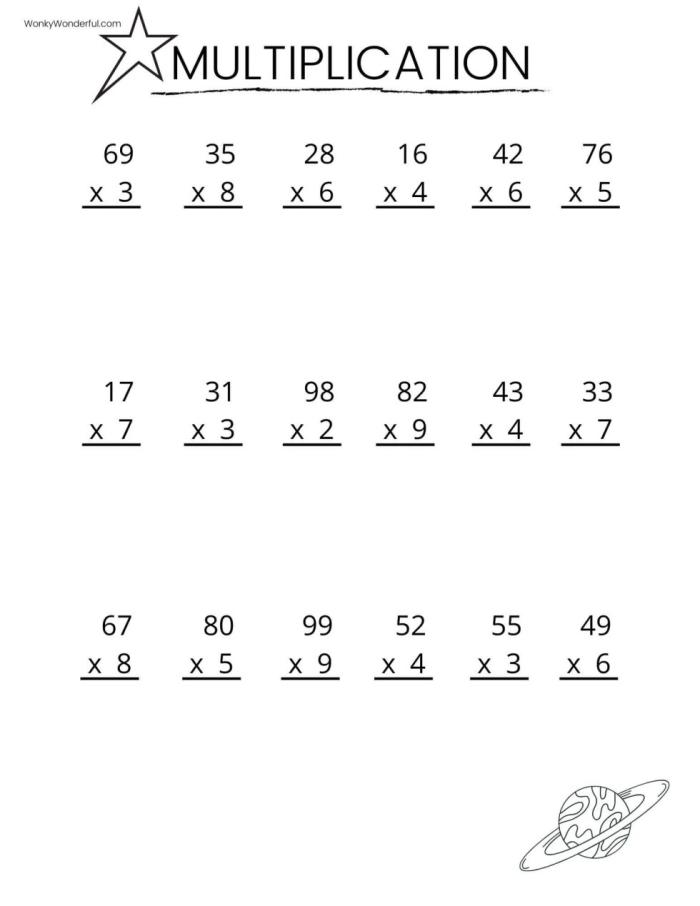 Mammoth Multiplication Problems Worksheet for Fourth Grade Decimals Page 5 Fourth grade math worksheet featuring mammoth themed double digit by single digit multiplication problems