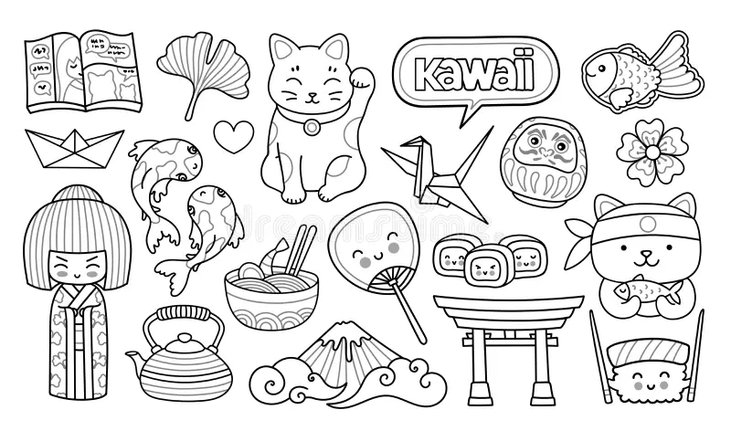 Coloring page featuring cats interacting with a Maneki-neko statue symbolizing good luck