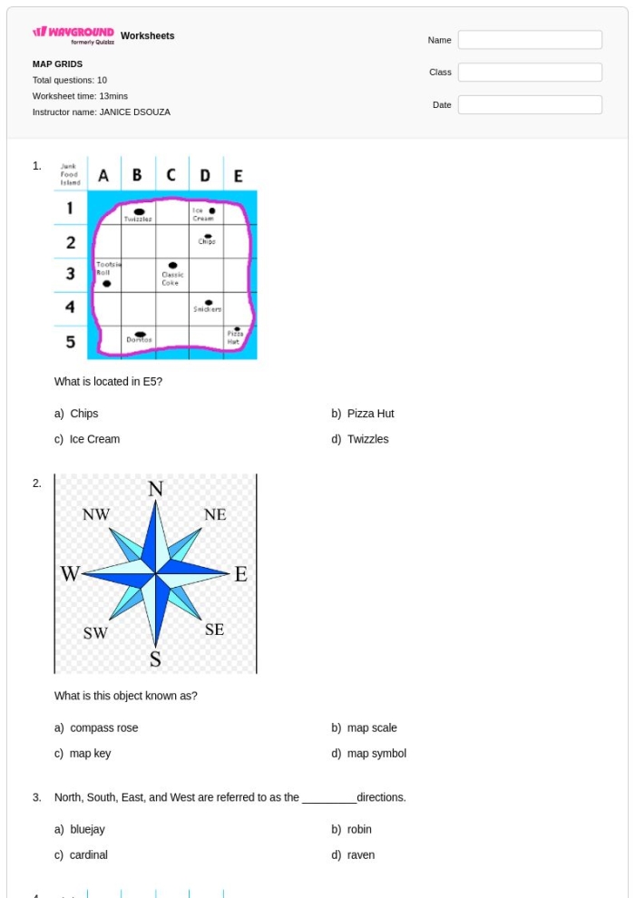 Map Grid Worksheet Activity Number Twelve for Fourth Grade Geography Fourth grade student practicing coordinate locations on a map grid worksheet