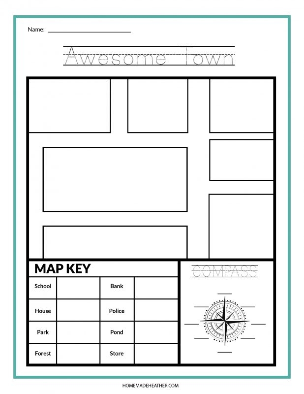 First grade worksheet for learning to read a map key with a simplified county map
