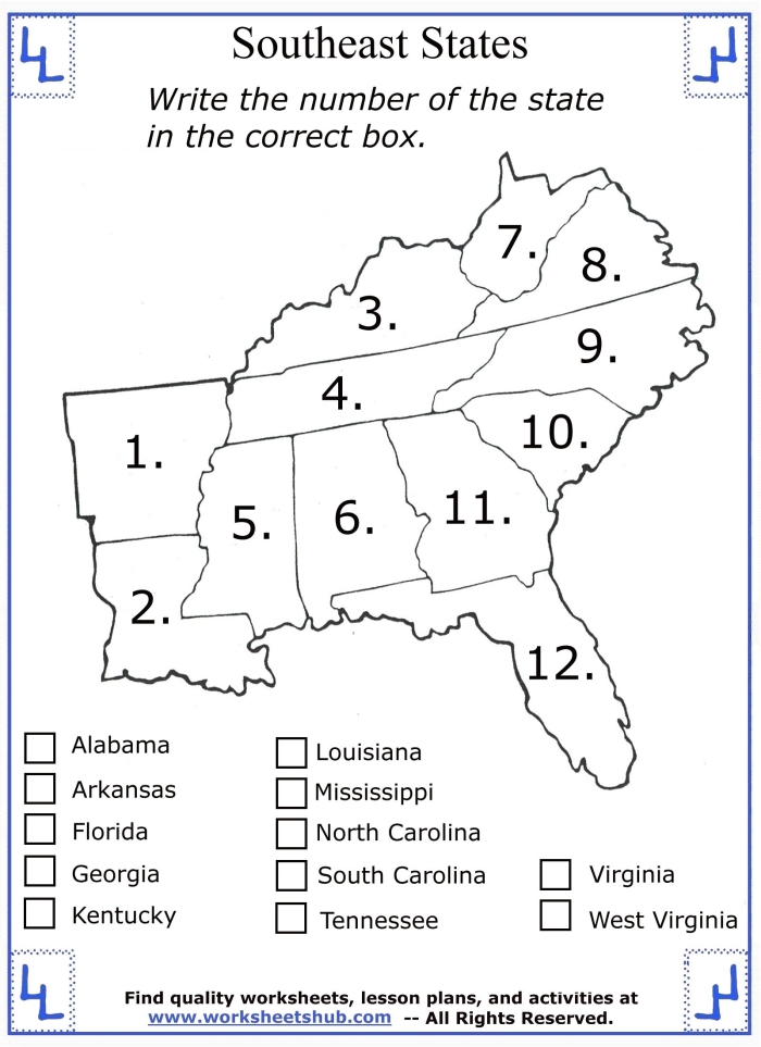 Map-labeling worksheet for third graders focusing on the Southern United States