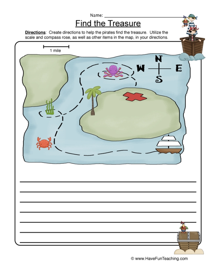 Second grade student using a legend to navigate a map on a printable worksheet