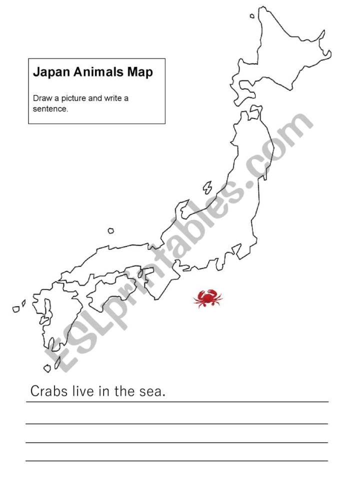 Map of Japan worksheet with fill-in-the-blank city names for geography students