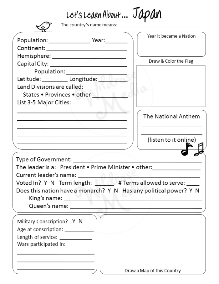 Map of Japan worksheet featuring a fill-in-the-blank format for young learners