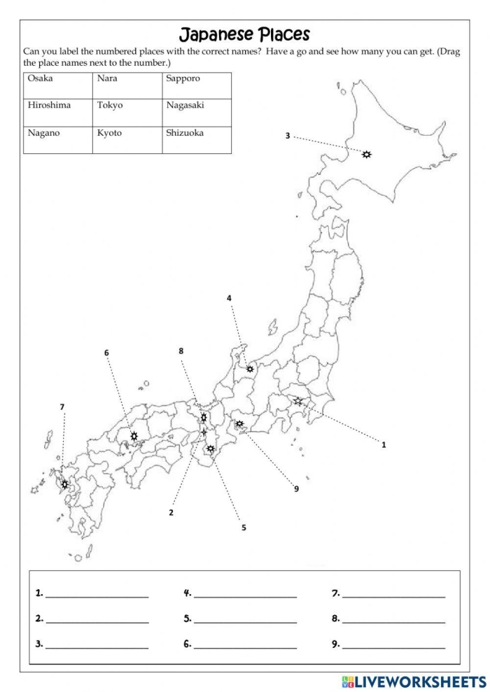 Map of Japan worksheet featuring a fill-in-the-blank format for city names