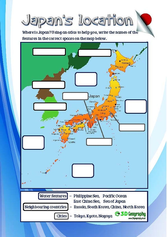 Map of Japan worksheet featuring blank spaces for city names to encourage learning
