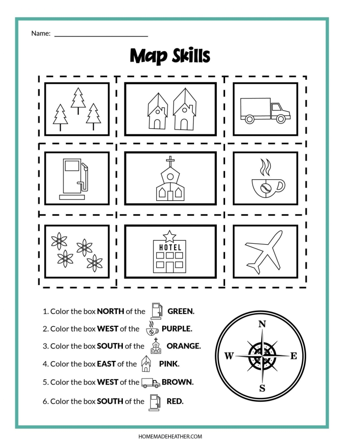 Map Reading worksheet for first graders to learn about cardinal directions