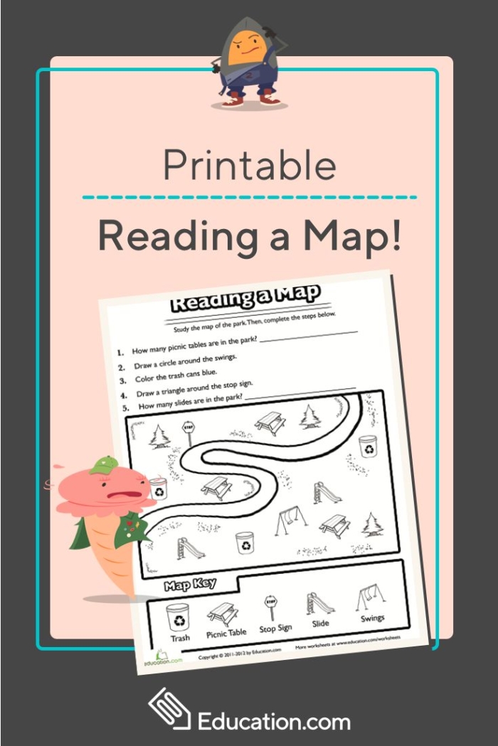 Map Reading worksheet for first graders focusing on cardinal directions and map skills