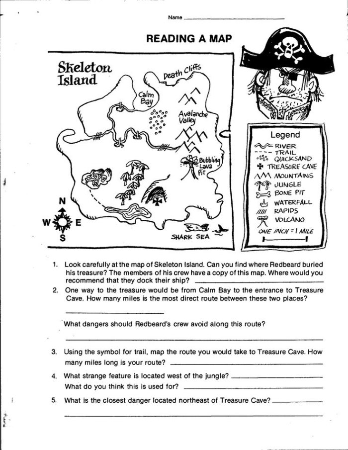 Map Reading worksheet for first graders focusing on cardinal directions and map skills