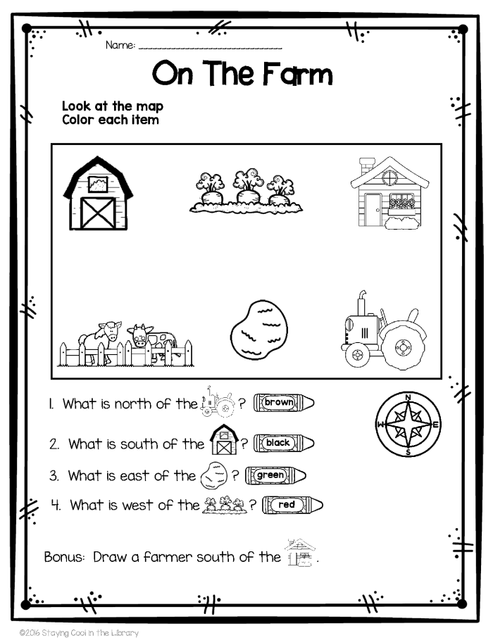 Map Reading worksheet for first graders illustrating cardinal directions