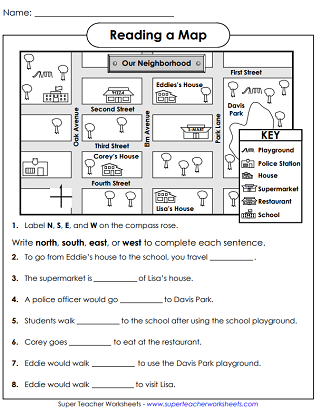 Second grade students using a map legend to locate places and practice directional reading skills on a worksheet
