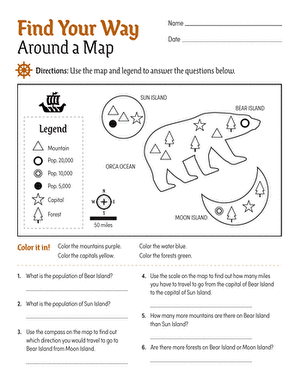 Second grade students practice identifying map symbols and cardinal directions on this interactive worksheet