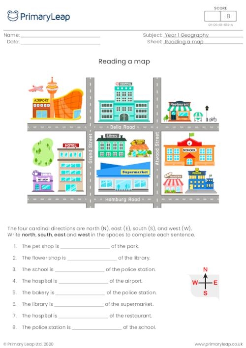 Second grade students using a map legend to locate places and practice directional skills on a worksheet activity