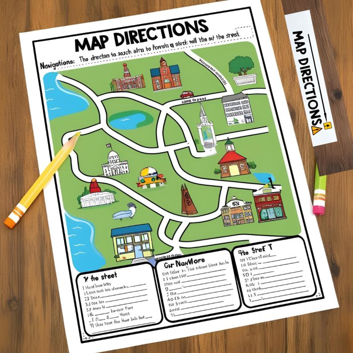 Second grade students using a map legend and compass directions to locate places on a practice map worksheet