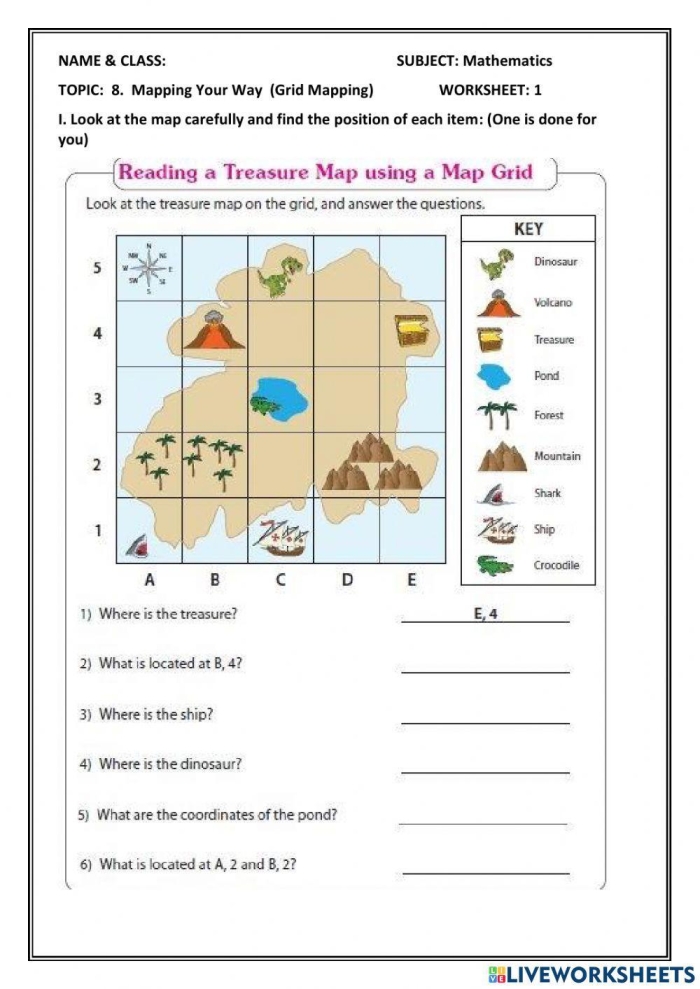 Children using a map and legend to locate and identify different locations on a worksheet activity