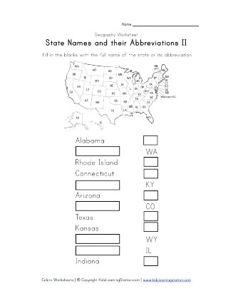 Fifth grade student completing a US map worksheet by filling in state abbreviations