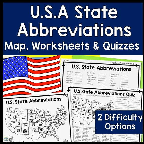 Map the States: State Abbreviations worksheet for Fifth Grade