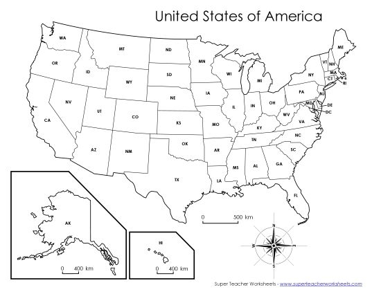 A fifth grade geography worksheet featuring a blank map of the United States for practicing state abbreviations.