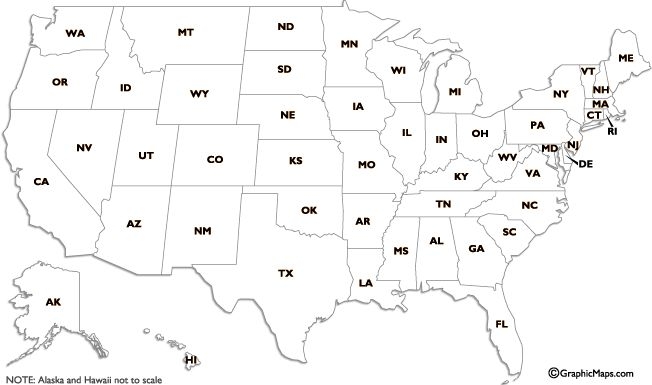 Fifth grade student completing a Map the States worksheet by filling in US state abbreviations