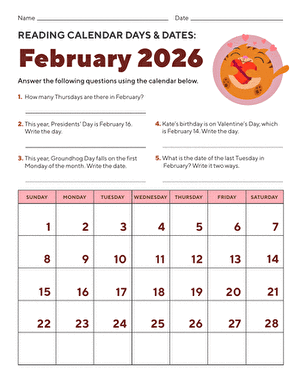 Worksheet for practicing calendar skills in March 2026 for first graders First grade students working on a reading calendar days and dates worksheet for March 2026