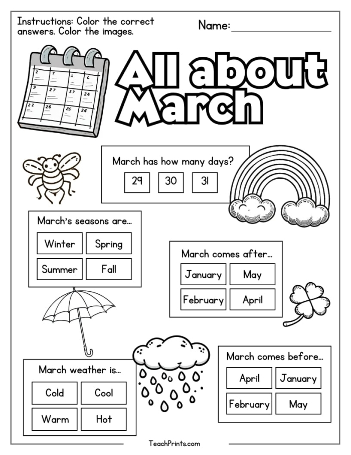 Second grade student worksheet featuring a blank March calendar for addition practice