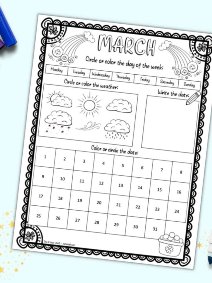 Blank March calendar addition worksheet for second grade students