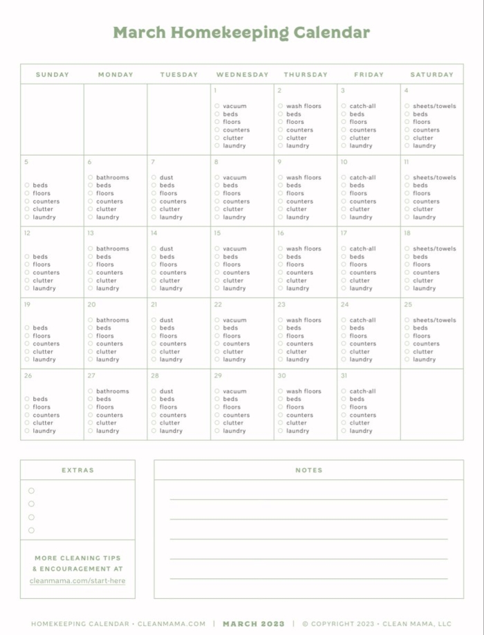 Blank March calendar worksheet for second grade students featuring St. Patricks Day and spring themes