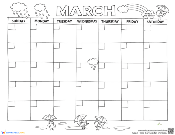 Blank March calendar worksheet for second grade students with spaces to practice addition and celebrate spring holidays