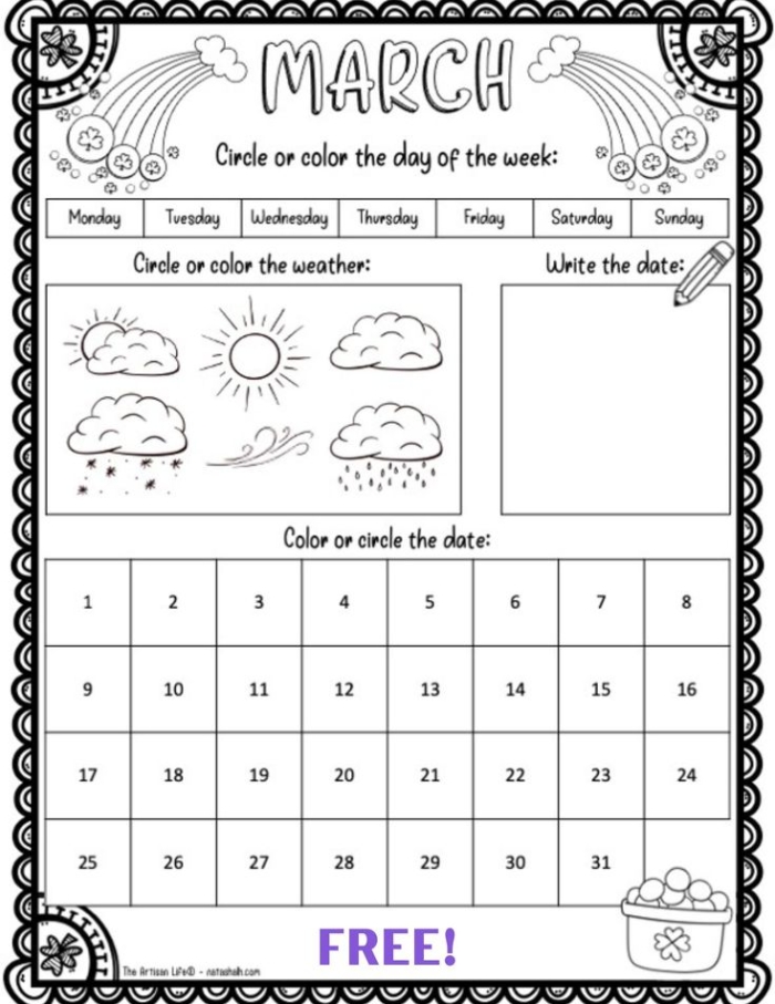 Blank March calendar worksheet for second grade students featuring St. Patrick's Day and spring weather themes