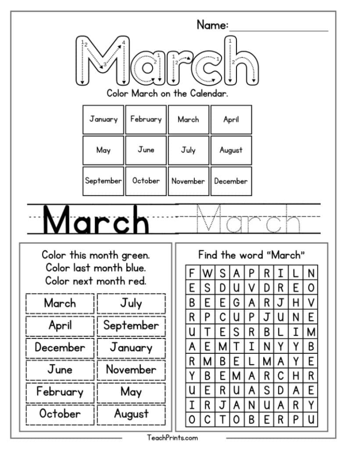 Second grade addition worksheet featuring a blank March calendar for classroom activities
