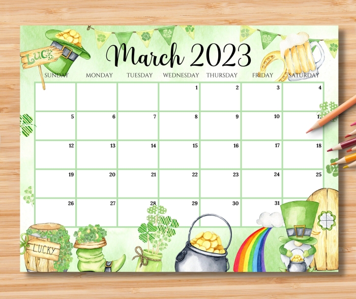 Blank March calendar worksheet with St. Patrick's Day and spring weather themes for second grade students