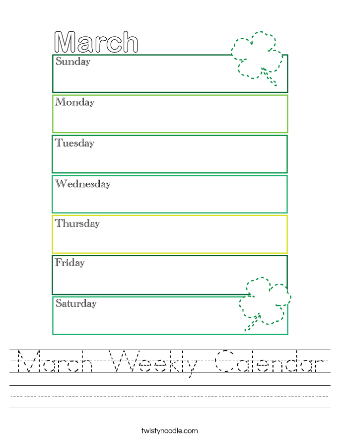 Blank March calendar worksheet for second grade students featuring St. Patrick's Day and spring weather themes with space to practice addition skills
