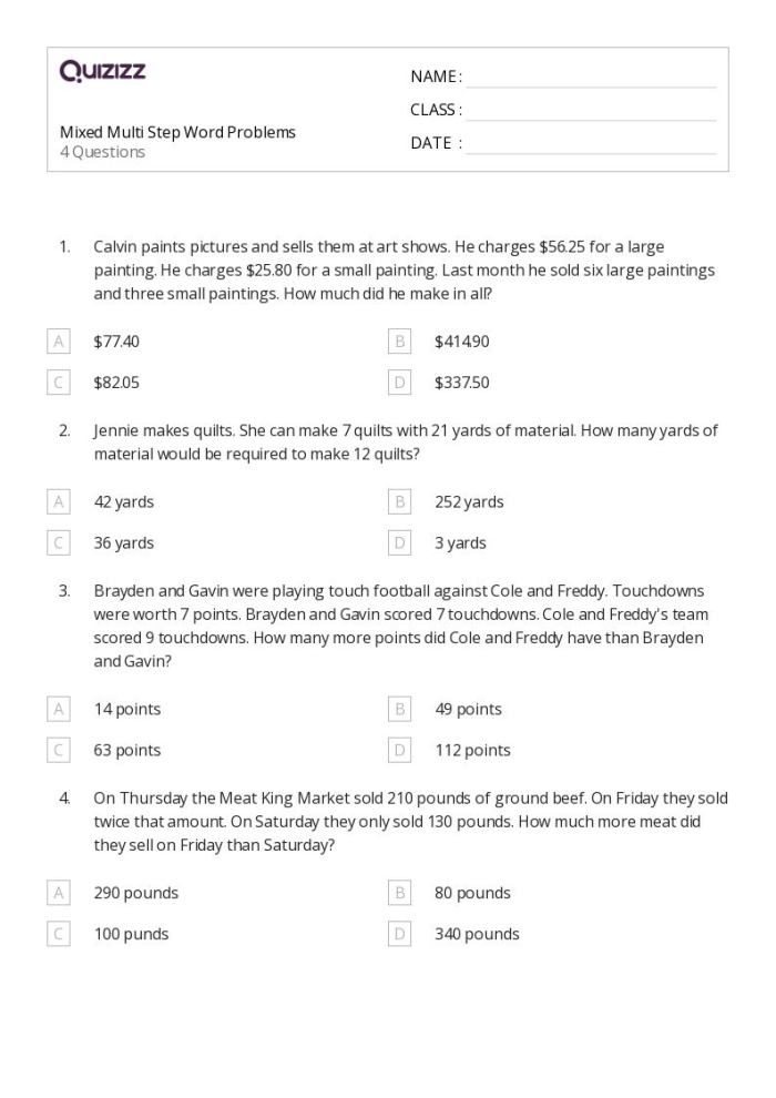 Marcos Kitchen Multi-Step Word Problems Worksheet for Fourth Grade Math Practice Fourth grade students practice solving complex math word problems featuring Marco's Kitchen restaurant theme