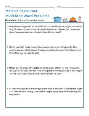 Marco’s Kitchen Multi-Step Word Problems Worksheet 6 Fourth grade student working on a Marco’s Kitchen multi-step word problems math worksheet