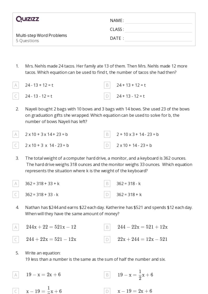 Marco's Kitchen Multi-Step Word Problems Worksheet 17 Fourth grade student worksheet featuring Marco's Kitchen multi-step word problems exercise 17