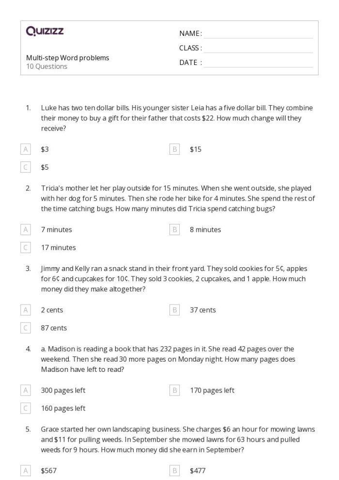 Marco’s Kitchen Multi-Step Word Problems Worksheet 9 Fourth grade student solving Marco’s Kitchen multi-step word problems worksheet number nine